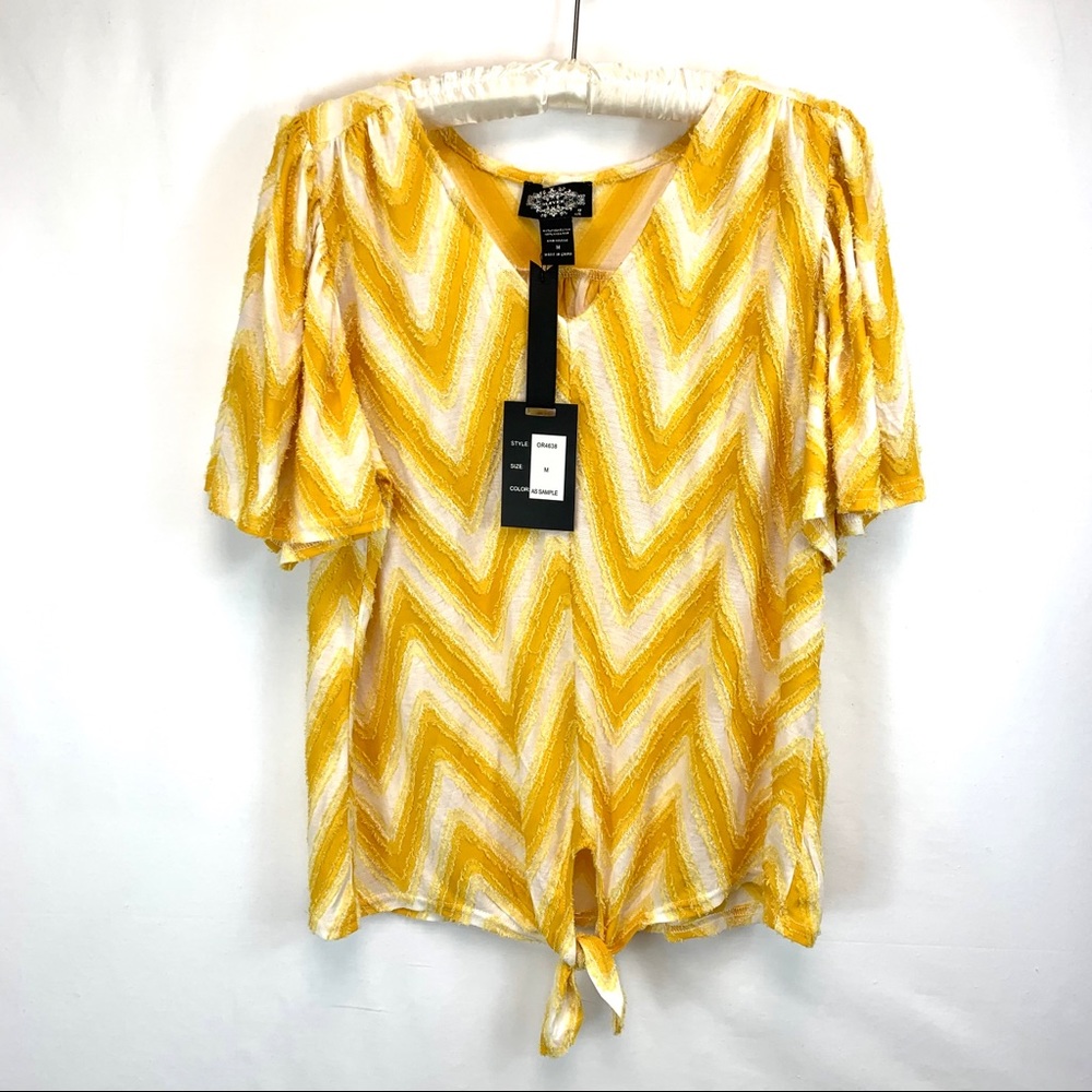 NWT Oliver Yellow Chevron Blouse Bell Sleeve Top Womens Shirt Medium Knot Shirt - Picture 15 of 16